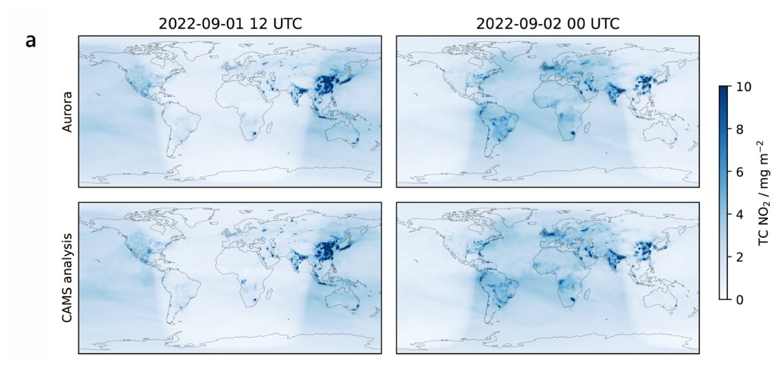 Nitrogen Dioxide analysys by Microsoft's Aurora AI Weather Forecast System Source