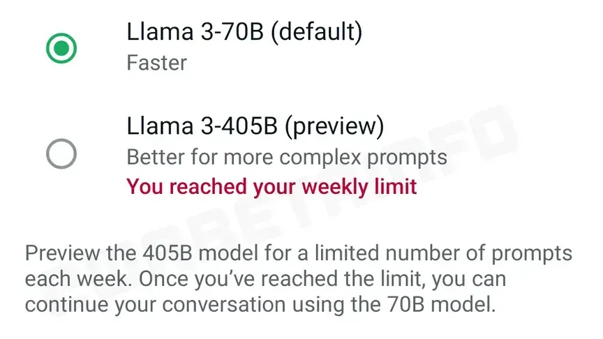 Llama 3 405B is selectible on WhatsApp<a href=