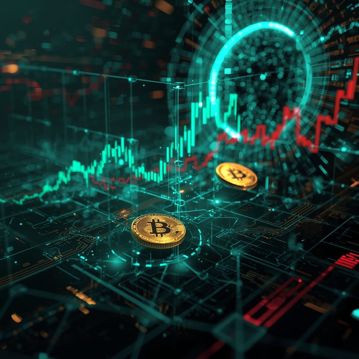 How AI Cryptocurrency Trading Turned $10k into $14k - chart and Bitcoin coins picture