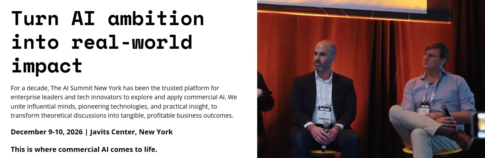 A promotional layout for The AI Summit New York 2026. On the left, text highlights the event as a platform for enterprise leaders to explore commercial AI