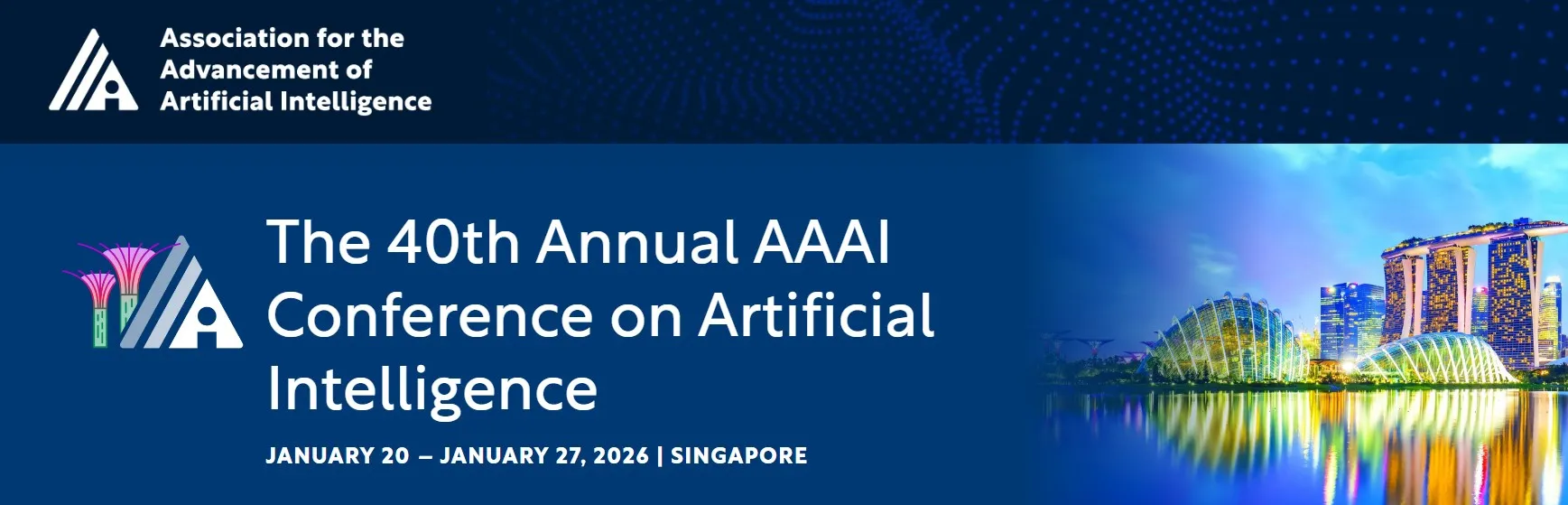 Banner for the 40th Annual AAAI Conference on Artificial Intelligence, held in Singapore from January 20 to January 27, 2026. The image features Marina Bay Sands hotel