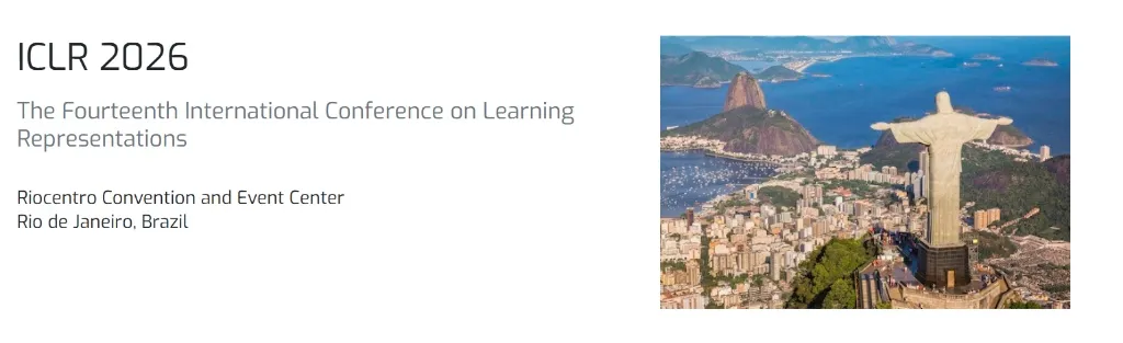 ICLR 2026 conference banner featuring the Christ the Redeemer statue in Rio de Janeiro, Brazil. Text details the 14th International Conference on Learning Representations